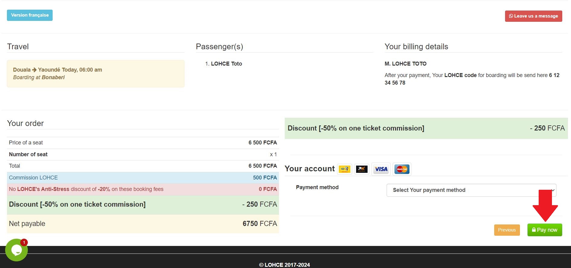 Snapshot of the payment page